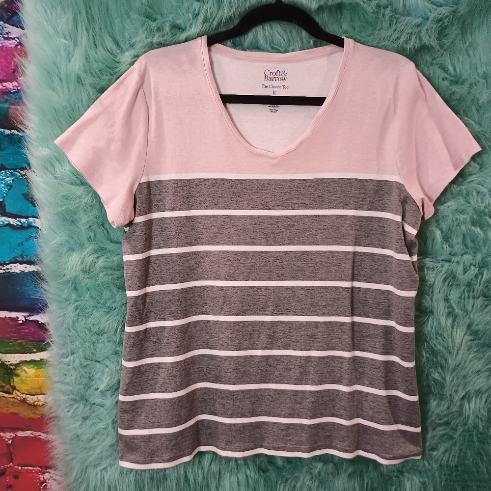 Croft & Barrow The Classic Tee Pink Gray and White Striped Short Sleeve Top XL